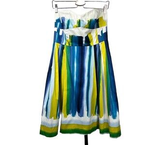 Calvin Klein Dress‎ 10 Sleeveless Strapless Pleat Sundress White Blue Watercolor